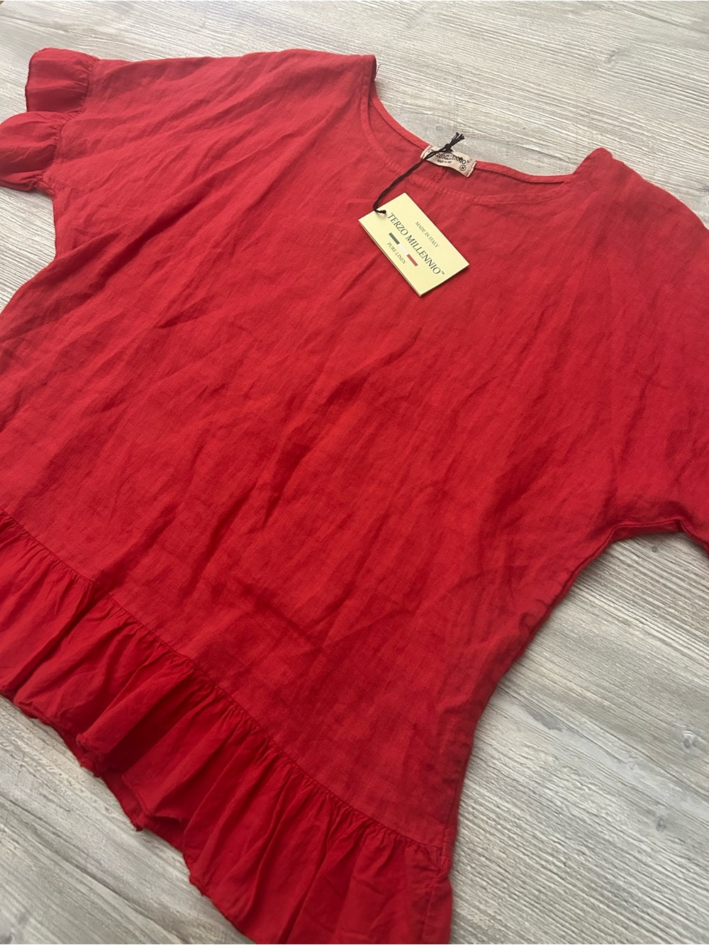 NWT Terzo Millennio Red Linen Breezy Ruffle Top Size M Poppy Made In Italy